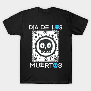 Dia De Los Muertos - White and Blue - Papel Picado - Black Skull T-Shirt